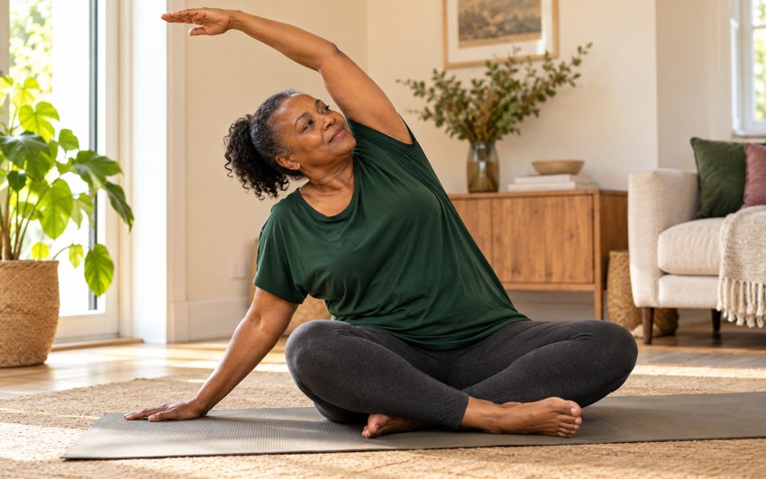 A midlife woman practising gentle movement at home