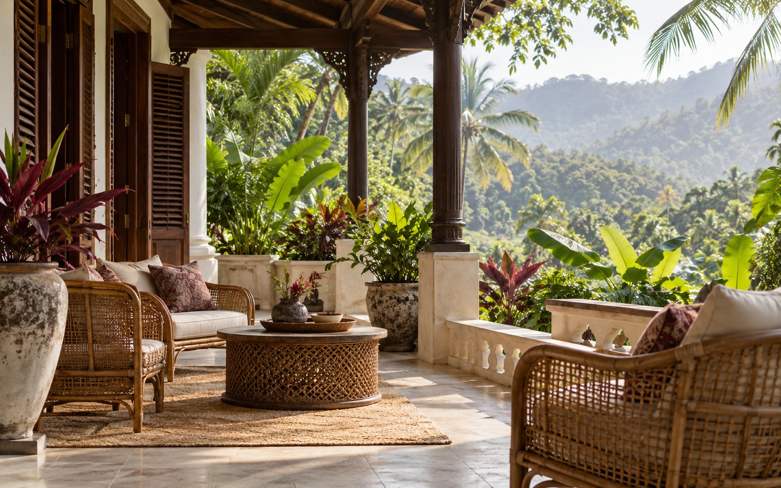 A tropical veranda overlooking green hills; atmosphere reference, not a booked venue