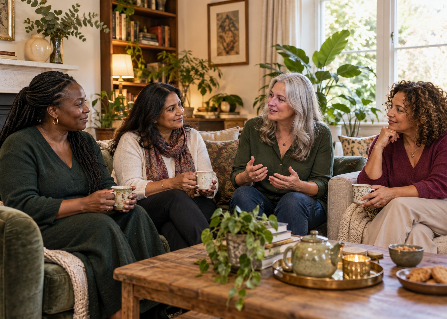 Midlife women sharing a thoughtful conversation in a sunlit room