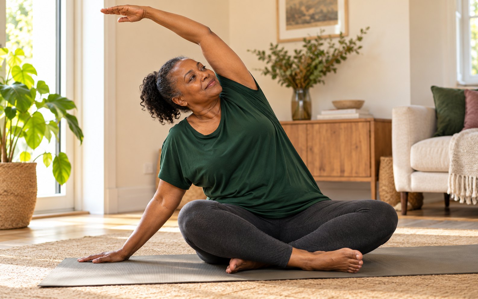 A woman practising seated movement at home
